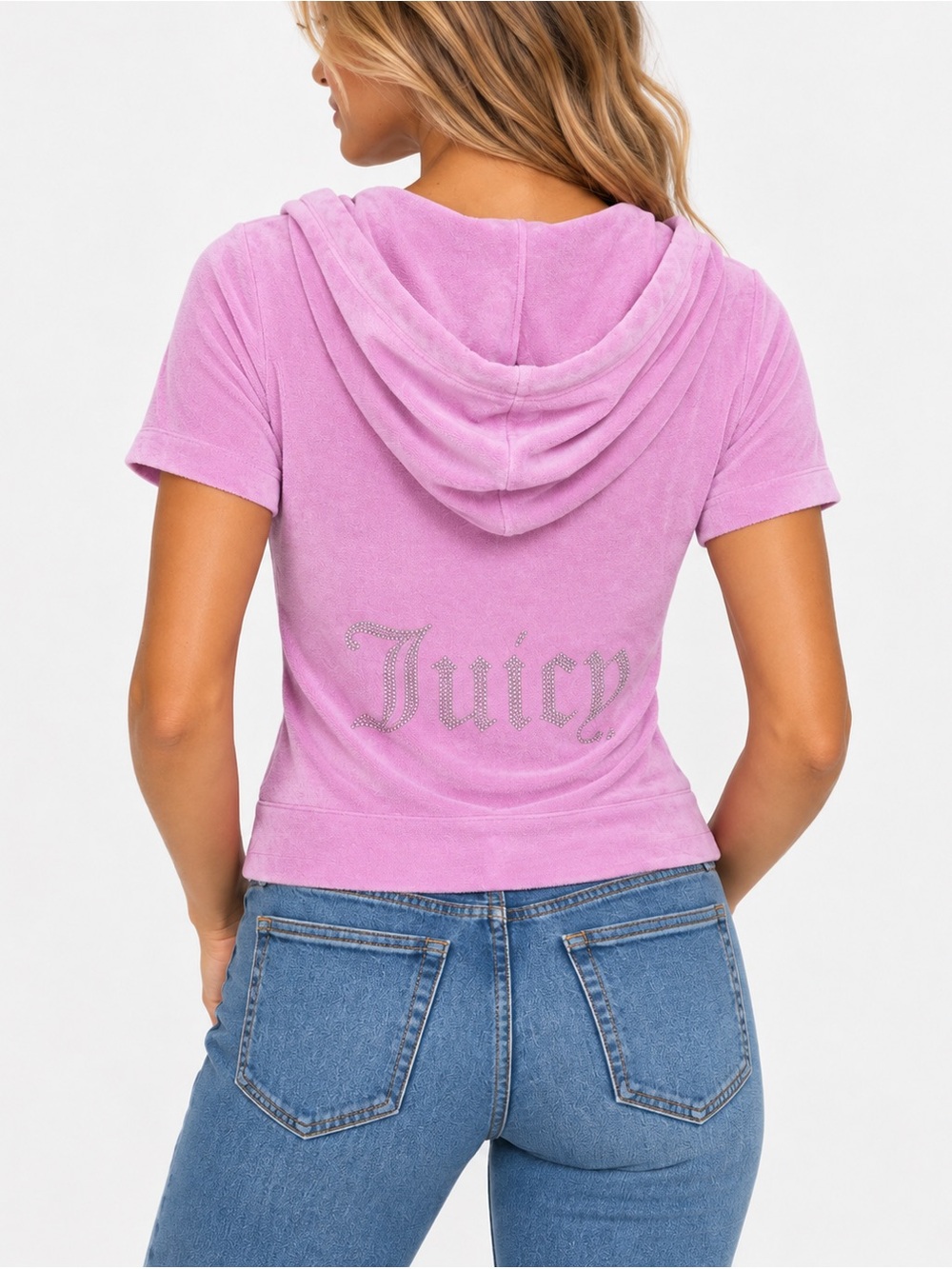 Juicy Couture Crop Bling Short Sleeve Velour Hooded Top